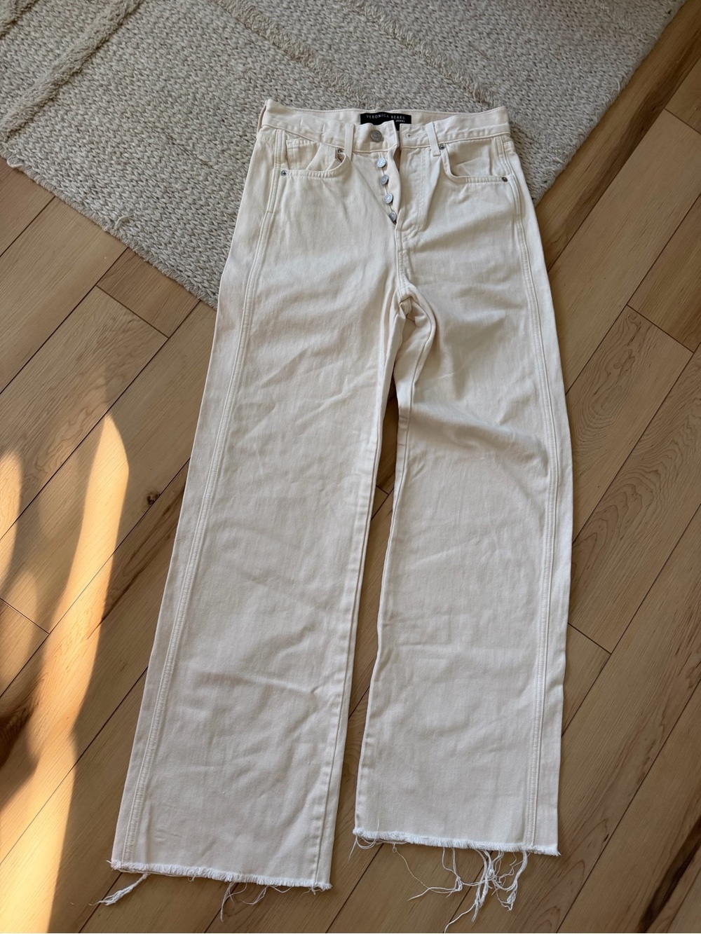 Veronica Beard Cream High-Rise Wide Leg Jeans with Raw Hem